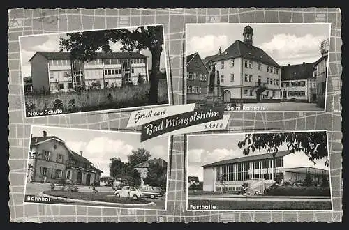 AK Bad Mingolsheim /Baden, Neue Schule, Rathaus, Bahnhof, Festhalle