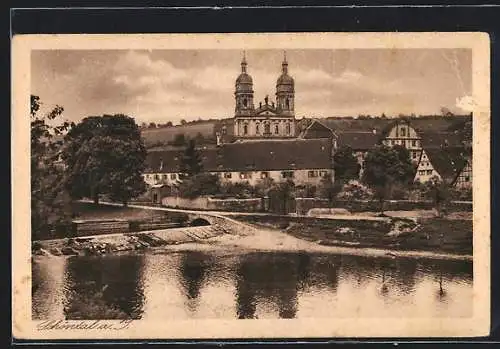 AK Schöntal a. J., Uferpartie mit Blick zur Kirche