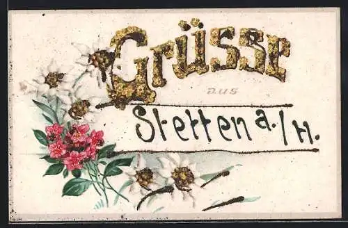 AK Stetten a. H., Grusskarte mit Blumen, mit Glitzer