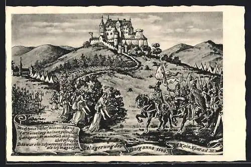 Künstler-AK Weinsberg, Belagerung der Burg anno 1140 durch Kaiser Konrad III.