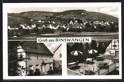 AK Binswangen / Neckarsulm, Das Gasthaus Zur Rose mit Terrasse, Inh. Anton Kübel, Gesamtansicht