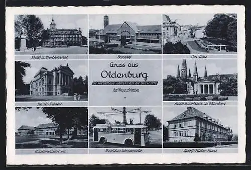 AK Oldenburg / Old., Bahnhof, Staats-Theater, Trollibus Wendestelle, 8 Ansichten