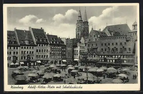 AK Nürnberg, Platz mit Geschäften und Sebalduskirche