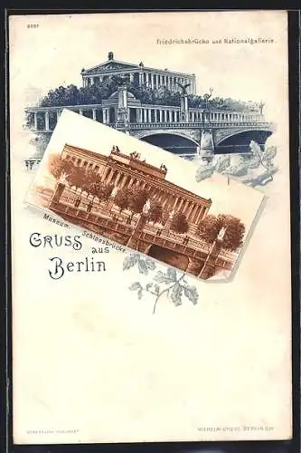 Lithographie Berlin, Museum und Schlossbrücke, Friedrichsbrücke und Nationalgallerie