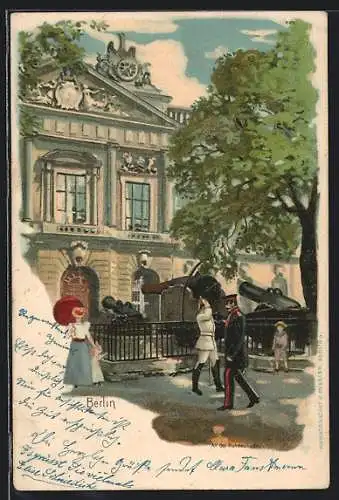 Lithographie Berlin, Partie an der Ruhmeshalle mit salutierenden Soldaten