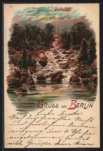 Lithographie Berlin-Kreuzberg, Wasserfall im Victoria-Park bei elektrischer Beleuchtung