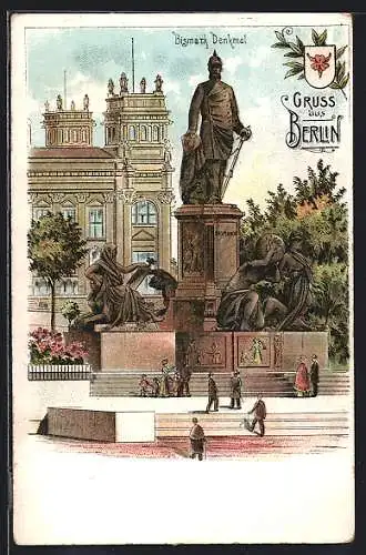 Lithographie Berlin-Tiergarten, Passanten vor dem Bismarck-Denkmal
