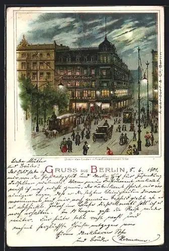 Lithographie Berlin, Unter den Linden und Friedrichstrassen-Ecke mit Kutschen und Leuten