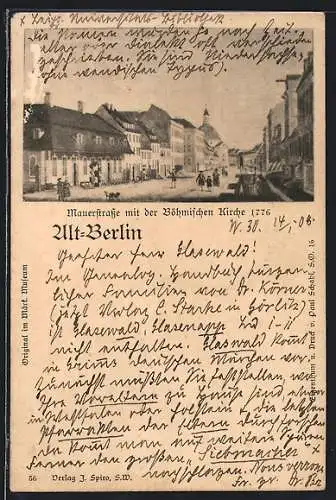 Künstler-AK Alt-Berlin, Mauerstrasse mit der Böhmischen Kirche