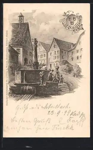 Künstler-AK Schiltach, Brunnenpartie, Wappen