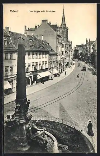 AK Erfurt, Strasse Anger mit Brunnen und Strassenbahn