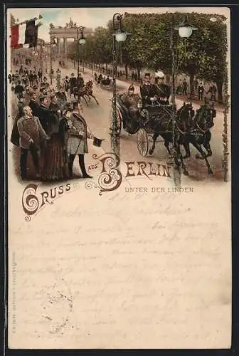Lithographie Berlin, Unter den Linden mit Pferdekutschen und Brandenburger Tor