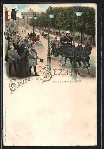 Lithographie Berlin, Unter den Linden mit Pferdekutschen und Brandenburger Tor