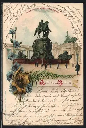 Lithographie Berlin, Ansicht des Denkmals Kaiser Wilhelm der Grosse