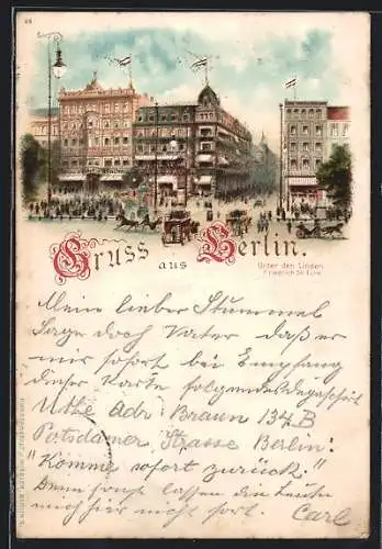 Lithographie Berlin, Strasseneck Strasse Unter den Linden und Friedrichstrasse mit Restaurant Imperial