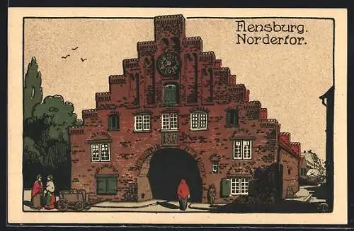 Steindruck-AK Flensburg, Blick auf das Nordertor