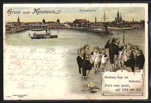 Lithographie Konstanz, Froschkonzert am Bodensee, Dampfer fährt in den Hafen ein um 1900