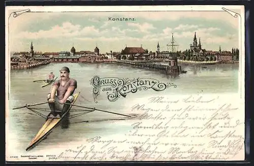 Lithographie Konstanz, Hafen mit Ruderern