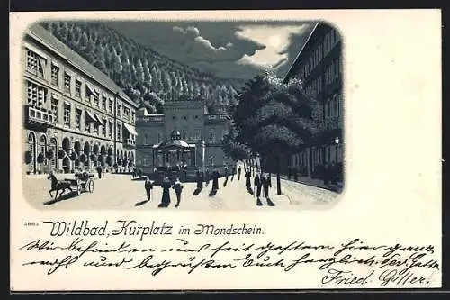 Lithographie Wildbad / Schwarzwald, Kurplatz im Mondschein