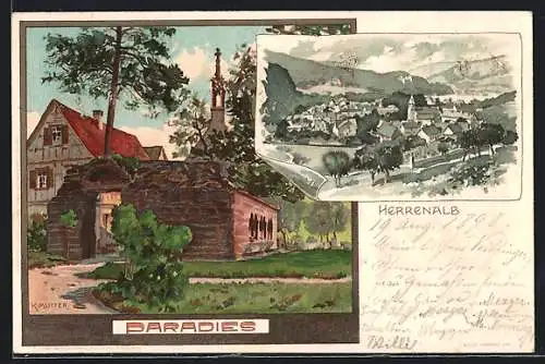 Künstler-AK K. Mutter: Herrenalb, Ruinen des Klosters Paradies, Ortsansicht