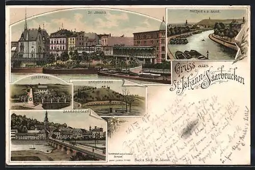 Lithographie St. Johann-Saarbrücken, Ortsansicht mit Ehrental und Spichernberg, Parthie an der Saar