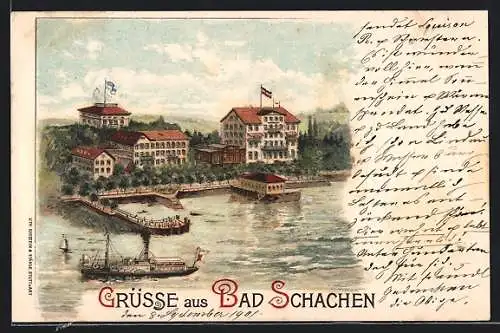 Lithographie Bad Schachen, Uferpartie mit Hotel und Dampfer