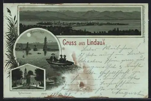 Mondschein-Lithographie Lindau i. B., Panorama, Hafeneinfahrt, Heidenmauer