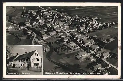 AK Hausen b. Mindelheim, Warengeschäft von J. Degrusch, Teilansicht vom Flugzeug aus