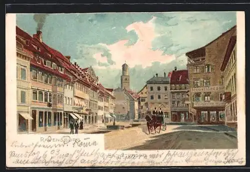 Lithographie Ravensburg / Württ., Bachstrasse mit Möbel-Magazin