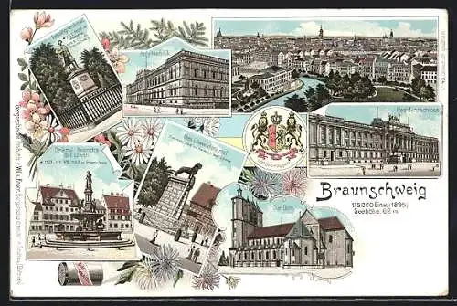Lithographie Braunschweig, Ortsansicht, Polytechnik, Residenzschloss
