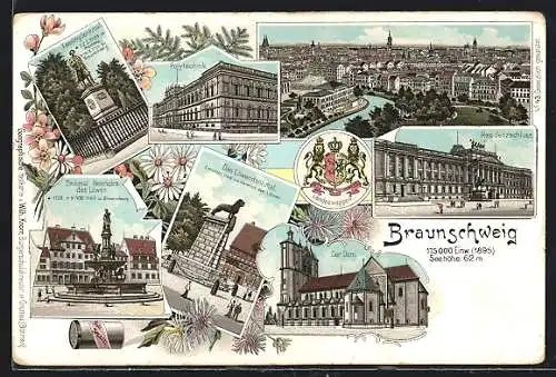 Lithographie Braunschweig, Ortsansicht, Polytechnik, Residenzschloss