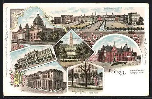 Lithographie Leipzig, Augustusplatz, Reichsgericht, Monarchen Hügel, Mess-Platz, Gellert`s Grab, Buchhändlerhaus