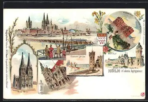 Lithographie Köln, Dom, Kölnisch Wasser, Rathaus, Eisenbahn Brücke, Hahnenthor, Bahnhof