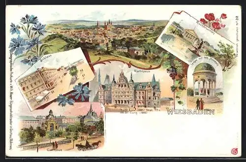 Lithographie Wiesbaden, Schloss, Curhaus, Rathaus, Tempel auf dem Neroberg