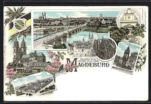 Lithographie Magdeburg, Grusonwerk, Rathaus, Kaiser Otto-Denkmal