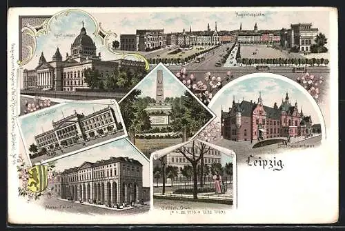 Lithographie Leipzig, Augustusplatz mit Strassenbahn, Universität, Mess-Palast, Buchhändlerhaus