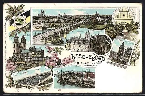 Lithographie Magdeburg, Grusonwerk, Rathaus, Kaiser Otto-Denkmal