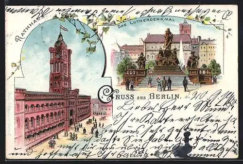 Lithographie Berlin, Rathaus in der Königsstrasse, Lutherdenkmal mit Fontaine