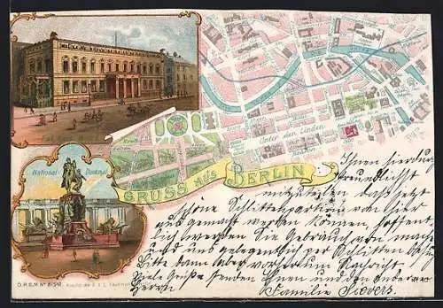 Lithographie Berlin, Pal. Kais. Wilh. I., Nationaldenkmal, Stadtkarte