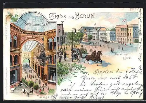 Lithographie Berlin, Passage mit Café Kaisergallerie, Unter den Linden mit Denkmal und Pferdewagen