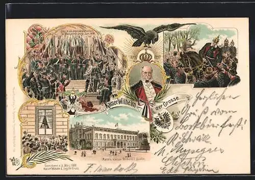 Lithographie Berlin, Kaiserproklamation Kaiser Wilhelms des Grossen 1871, verschiedene Ansichten