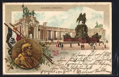 Lithographie Berlin, National-Denkmal, Kaiser Wilhelm I.