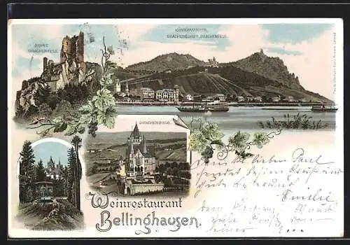 Lithographie Königswinter, Weinrestaurant Bellinghausen, Ruine Drachenfels, Drachenburg