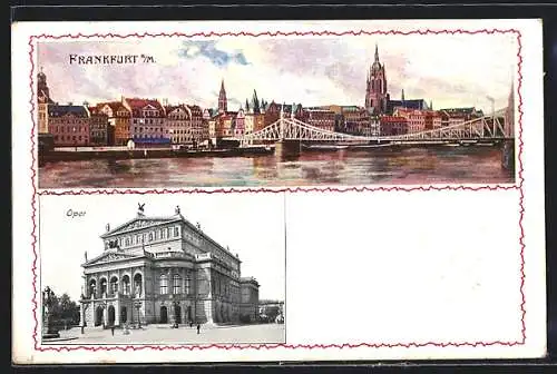 AK Frankfurt, Panorama mit Brückenpartie, Oper und Wappen