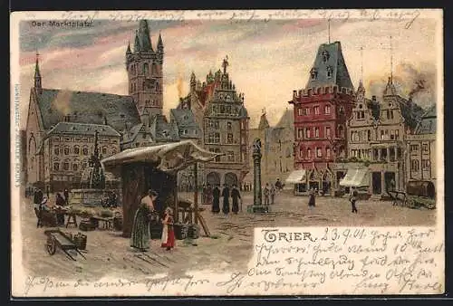 Lithographie Trier, Marktplatz mit Passanten am Marktstand