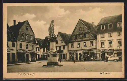AK Kulmbach, Holzmarkt mit Denkmal, Geschäften, Automobil