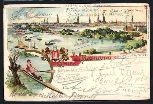 Lithographie Hamburg, Alsterpanorama, Ruderer, Wappen des Ortes