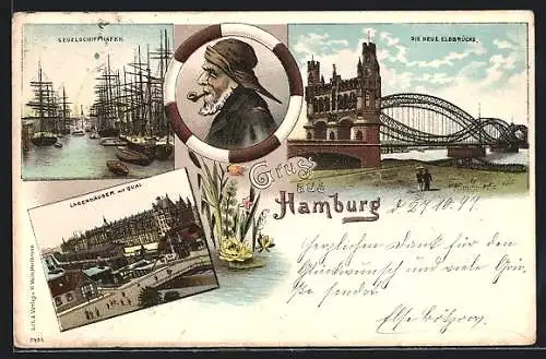 Lithographie Hamburg, Segelschiffhafen, Lagerhäuser mit Quai, neue Elbbrücke
