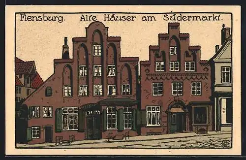 Steindruck-AK Flensburg, alte Häuser am Südermarkt