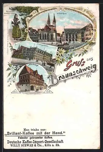 Lithographie Braunschweig, Altstadt-Markt, Finanzgebäude, Alte Waage